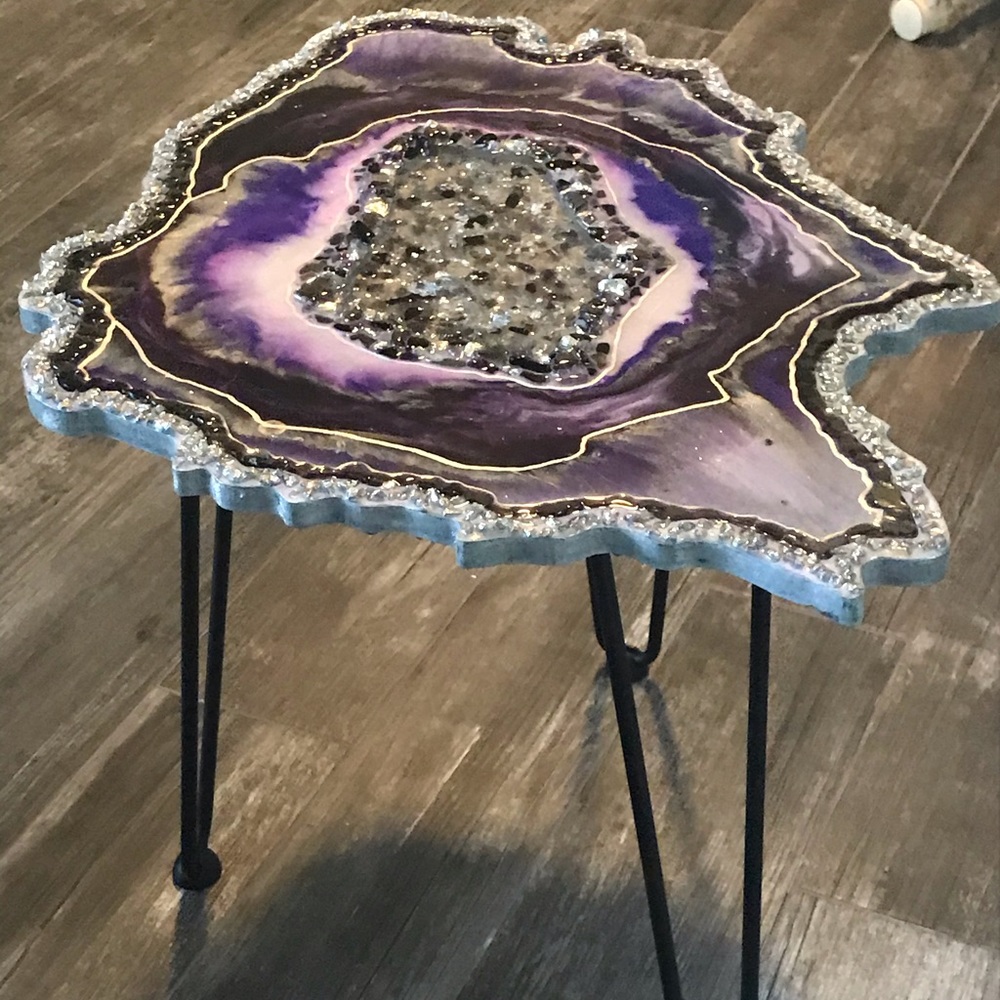 Real Amethyst & Tourmaline Epoxy Resin Geode table